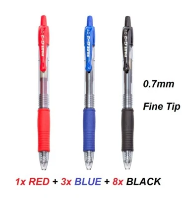 Pilot G2 Retractable Gel Ink Pens 0.7mm Fine Tip - 8x BLACK + 3x BLUE + 1x RED