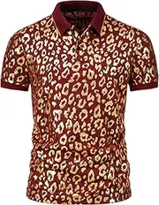 [Maiyifu-GJ] Men's Leopard Print Fashion Short Sleeve Print Moisture Wicking Polo Tee Bronzing Spotted Lapel T-Shirt