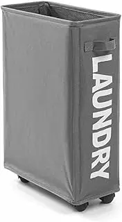 [vivva] Slim Laundry Basket with Leather Handle on Wheels, Foldable Corner Storage Bins, Collapsible Rolling Laundry Hamper (Dark Grey)