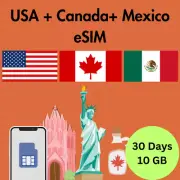 USA + Canada + Mexico Prepaid Travel eSIM Card 10GB Data 5G & 4G Lte 30 Days