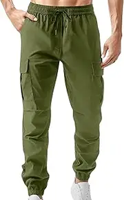 [Aosufei] Men's Elastic Waist Drawstring Stylish Tapered Pants Casual Solid Cargo Athletic Trousers Comfort Work Outdoor Pants