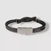 Bespoke Men's Black Knotted Leather Metal Clasp Wristband Bracelet
