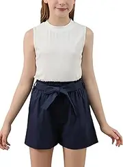 [GORLYA] Girls 2 Piece Clothing Outfits Summer Casual Rib Knit Tank Tops and Paperbag Waist Belted Linen Short Sets 6-14Y