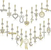 [Junkin] 20 Pcs 14G Dangle Belly Button Ring, Dangling 316L Surgical Navel Rings Cubic Zirconia Belly Piercing Jewelry