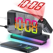 Projection Alarm Clock,7.4" LED Mirror Digital Clocks Large Display,with 180° Rotatable Projector,RGB Night Light,USB C Port,Auto Dimmer (Black)
