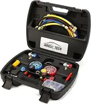 2020 UPGRATE Version 4 Way A/C Manifold Gauge Set Fits R134A R410A R404A R22 Refrigerants with 5FT Hose, 3 Acme Tank Adapters, Adjustable Couplers and Can Tap