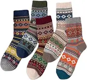 [Attria] Wool Socks for Women 5 Pairs Vintage Winter Warm Socks Nordic Thick Knit Cabin Cozy Crew Soft Hiking Socks
