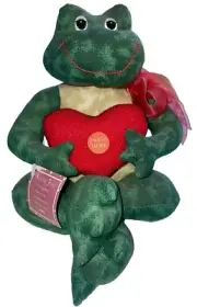 VTG Green Plush Kissing Frog by GANZ Push for a Smooch w/TAGS - WORKS! 8”