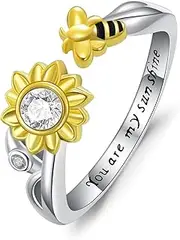 [Vadmans] Sunfower Ring Sterling Silver Fidget Ring Animal Bee Rings Adjustable Open Sunfower Jewelry Mothers Day Birthday Gifts for Women Girls Girlfriend, Sterling Silver, No Gemstone
