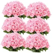 50 Pcs Artificial Rose Flower Realistic Silk Roses with Stem Bouquet of Pink