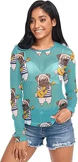 [RPLIFE] Pug Playing Guitar Long Sleeve Fishnet Top, Transparent Shirts for Women S-XXL
