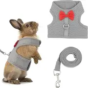 Bunny Rabbit Harness with Leash, Cute Grey Adjustable Mesh Vest for Bunnies Ferret Small Pig & Squirrel Bunny Leash Vest Mesh for Walking for 5.5-16Lb Bunnies