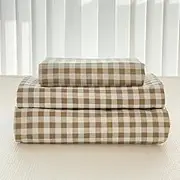 Tan Gingham Full Sheet Set, Soft Brushed Microfiber Taupe Plaid Full Bed Sheets, 4-Pieces Brown Grid Sheet Set with Deep Pocket
