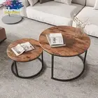 Round Nesting Coffee Table Set of 2 Industrial Stacking Side Tables Rustic Brown