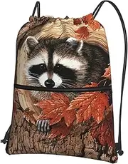 EdWal Raccoon In The Fall Tree Hole Print Drawstring Backpack Gym Bags Sports Bags With Zipper Pocket For Travel Beach, Black, One Size