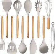 [NICEYE] Silicone Cooking Utensils Set 12 Piece kitchen utensil set with Storage Bucket, Wooden Handle, silicone cooking utensils Heat Resistant Easy to Clean Non Stick silicone kitchen utensils (Khaki)