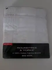 TWO Roundtree & Yorke BIG MAN BOXERS 50 White Cotton FULL-CUT NEW Underwear