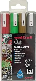 uni-ball PWE-5M Liquid Chalk Pens. Multi-Purpose Wipeable Coloured Markers for Blackboards, Chalkboards, Whiteboards, Glass, Mirrors, Plastic, Windows, Metal. Christmas Tones. Bullet Tip 5mm. 4 Pack