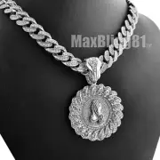 Silver Praying Hands Pendant 16" 18" 20" 24" Iced Cuban Box Lock Chain Necklace