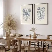 Blue Floral Wall Art Decor Vintage Flower Canvas Pictures Boho Botanical Wall Art Prints Minimalist Floral Poster Rustic Flower Painting for Bedroom Bathroom 16x24 Inch Unframed Set of 2