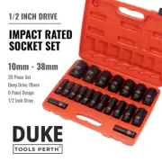 DUKE Tools 20 Piece 1/2 Inch Drive Deep Impact Socket Set 6 Point Metric 10-38mm