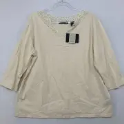 New Liz Claiborne size 1X Cream White Lace Detail V neck Stretch 3/4 Sleeve Top