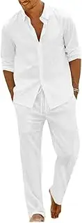 [HanzhuoLG] Men's Casual Tracksuit Set Solid Color Loose Lapel Long Sleeve Cardigan Shirts & Pants Two Piece Set Large White