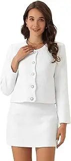 [Allegra K] Tweed Blazer Set for Elegant Women's Work 2 Piece Blazer Skirt Suit, White, S