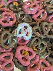 50 Chocolate Covered Pretzels unicorn sprinkles white pink and choclate