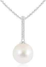 [Angara] Freshwater Cultured Pearl Pendant Necklace with Diamond Studded Bar in Sterling Silver/14ct Solid Gold for Women | June Birthstone Jewellery for Her