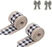 2 Rolls Christmas Buffalo Plaid Ribbon Hessian Plaid Ribbon Wired Edge Ribbons Christmas Hessian Craft Ribbon Christmas Checked Jute Ribbon Bow Knot Wrap DIY Crafts
