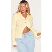 Shape Lemon Knitted Rib Button Front Split Hem Cardigan, Lemon
