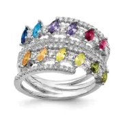 Sterling Silver White and Colorful Double Row Cubic Zirconia Ring Size 6