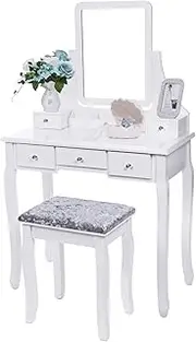 BEWISHOME Vanity Set with Mirror & Cushioned Stool Dressing Table Vanity Makeup Table 5 Drawers 2 Dividers Movable Organizers White FST01W