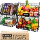 4-PK Stackable Wire Baskets for Pantry -16x12x8 Storage Baskets for Organization