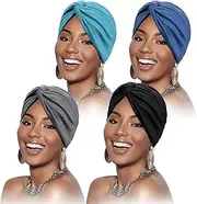 [SATINIOR] 4 Pieces Turbans for Women Soft Pre Tied Knot Fashion Pleated Turban Cap Beanie Headwrap Sleep Hat, 4 Colors