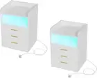 Bedside Table Set of 2 with 3 Drawers Wooden, LED Nightstand with Charging Stati