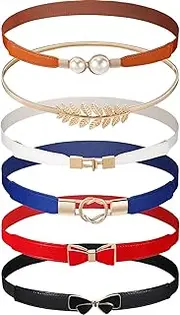 [Geyoga] 6 Pieces Women Skinny Waist Belts Stretch Buckle Belts Thin Elastic Waist Cinch Retro Faux Leather Band with Metal Buckle for Women Girls, Multicolored