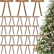 24 Pcs Christmas Velvet Wreath Bow - 4.7 x 7 Inch Vintage Ornaments, Rustic Ribbon Bows for Garland, Wreaths, Home Decor, Indoor Outdoor Crafts Gift (Khaki)