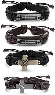 [sailimue] 4 Pcs Cross Leather Bracelet for Men Religious Cross Tag Bangle Leather Wristband Adjustable Drawstring Bracelet Set, 4 piece, Stainless Steel Leather