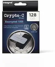 Integral 128GB Crypto-C Dual Encrypted USB Flash Memory Drive, AES-XTS 256-Bit Hardware Encrypted USB 3.2 with Secure Dual Password - Certified to FIPS 197, Compatible with Mac, MacBook, PC, Laptop