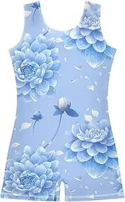 [FRODOTGV] Light Blue Floral Girl Gymnastic Leotards Soft Dance Biketard Short Unitard for Gymnastics, Training, Yoga