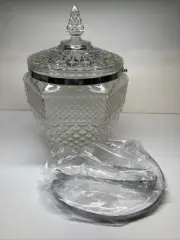 Anchor Hocking Wexford Glass Ice Bucket & Lid With Handle & Tongs NOS