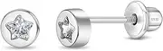 [In Season Jewelry] 925 Sterling Silver Round Star Shaped Cubic Zirconia Safety Screw Back Earrings For Young Girls - Children's Star Shaped Earrings for Everyday - Tiny Round Toddler Earrings, Metal, Cubic Zirconia