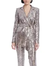 Badgley Mischka Sequin Mono-Stripe Wrap Blazer Sash sz 2 Silver Gold Cocktail