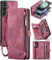 for Samsung Galaxy S23 FE Wallet Case, Premium PU Leather Purse Magnetic Detachable Phone Cover with Zipper Pocket 9 Card Slots Hand Strap Horizontal Viewing Stand (Vintage Red, S23 FE)