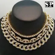 Hip Hop Iced Gold PT 18" Cuban & Marina & 1 Row Tennis Choker Chain Necklace