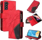 Design Piece of Leather-Like Wallet Phone Case for Samsung Galaxy S21 5G with 5 Card Slots, Zipper Pocket, Kickstand and Magnetic Lock (Red)