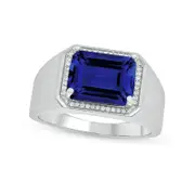 Men's Sideways Emerald-Cut Blue Lab-Created Sapphire and 0.10 CT. T.W. Lab Grown Diamond Frame Ring in 14K White Gold