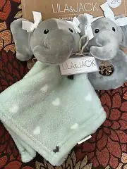 LILA & JACK ELEPHANTS GREEN SECURITY BLANKET & RATTLE TOY HEARTS BLACK WHITE